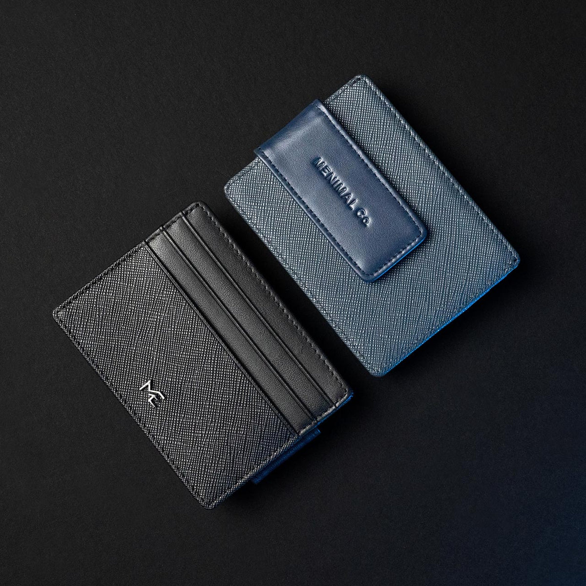 black and blue card sleeve wallet with leather
