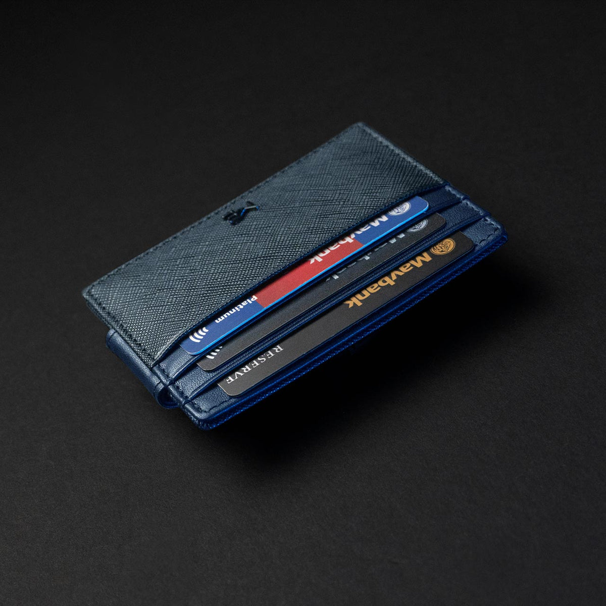 blue leather card sleeve wallet